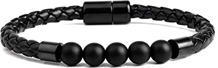 Bergkristall Armband, Naturstein Chakra Armbänder Mattschwarz Onyx Perlen Energie Edelstein Armbänder Mode Geflochtenes Lederseil Magnetische Schnalle Armreifen Schmuck Für Frauen Männer