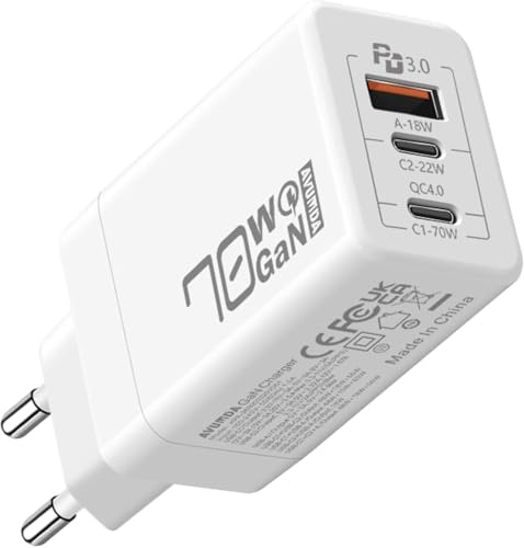 AVUMDA 70W USB C Ladegerät, Type C PD 3.0 GaN Netzteil 3-Port USB C Netzteil für MacBook Pro Air M1 M2 Dell XPS 15 iPhone 15 iPad Pro Air Google Pixel Samsung Galaxy S23 Ultra Plus S22 Note Steam Deck