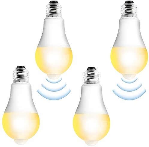 Leikurvo 4 Stück E27 LED Glühbirne mit Bewegungsmelder: LED Birne mit PIR Bewegungsmelder E27 LED Lampe 15W Warmweiß 3000K Lichtsensor Energiesparlampe für Flur, Garage, Treppe, Balkon