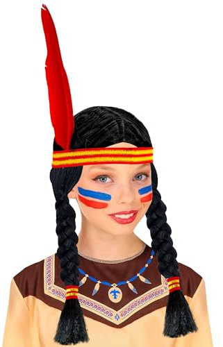 W WIDMANN MILANO Party Fashion - Indianer Perücke mit Zöpfen | Schwarze Langhaarperücke mit Stirnband und Feder aus Kunsthaar für Wilder Westen Mottoparty und Karneval