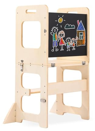 Standing Tower, Learning Standing Tower 2-in-1 Kitchen Wooden Stool Helper with Chalkboard Montessori and Waldorf Helper for Kids in Kitchen Wooden Step Stool with Desk Table and Chair (Log upgrade)