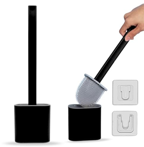 AMOS Silicone Toilet Brush and Holder Set, Quick Drying Bathroom Toilet Brush with Non-Slip Long Plastic Handle, Flexible TPR Bristles, Deep Cleaning, Anti-Drip Base (Black Grey)