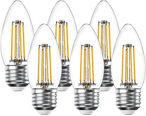 paul russells LED Filament Candle – Dimmable Edison Screw E27 Light Bulbs, 4.5Watt 470Lumens C35 LED Bulbs, 40w Equivalent, 2700K Warm White Dimmer ES Energy Saving Chandelier Lamps, 6 Pack