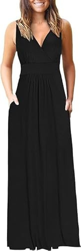 AUSELILY Vestito Donna Estivo Lungo Curvy Scollo a V Senza Maniche Abito Taglie Forti Casual con Tasche Nero M
