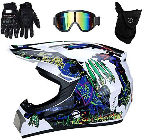 Juventud Niños Casco Motocross, con Máscara Guantes Gafas, Adulto Unisexo Cara Completa MTB Moto Casco ATV Scooter Cruz Casco, Cuesta Abajo Carreras de Enduro MX Patio Bicicleta Sucia Chocar Casco ( C