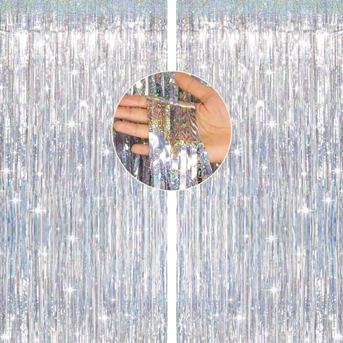 jijAcraft Rideau de guirlandes argentées pour fête, Toile de Fond avec banderoles argentées, Rideau à Franges en Aluminium, Accessoires de photomaton pour fiançailles, Noël, décorations de fête