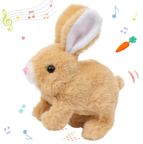 Hopearl Hopping Rabbit Interactive Electronic Pet Plush Bunny Toy with Sounds and Movements Animated Walking Wiggle Ears Twitch Nose Gift for Toddlers Birthday, Brown, 7''