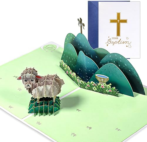 GROVBLE Kommunion, Konfirmation Karte, Pop-Up 3D Karte, Schaf und Kreuz, Kommunion Geschenk mit Umschlag, Mädchen und Junge, White with Gold