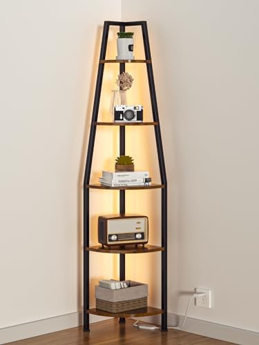 Furnulem 5 Tier Corner Shelf with LED Light, 67.2” Tall Standing Shelf for Wall Corner, Narrow Bookshelf Ladder Shelf for Bedroom, Living Room, Plant, Wood Storage Rack, Metal Frame (Rustic Brown)