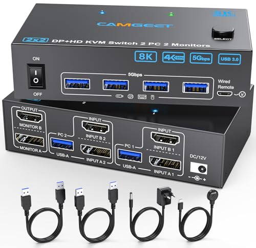 4K@144Hz HDMI Displayport KVM Switch 2 bildskärmar 2 datorer, Camgeet USB 3.0 Dual Monitor KVM Switch för 2 PC 2 skärmar och 4 USB 3.0 portar.med USB-kablar,12V2A-adapter och trådbunden fjärrkontroll