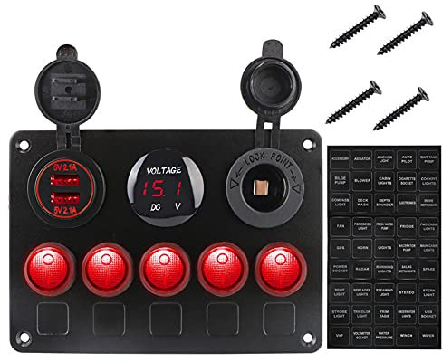 MUEOSI Panneau de Commutation de Voiture Double Port USB étanche 5 interrupteurs à Bascule Prise 12 V voltmètre numérique, for Marine RV Voiture Camion Bateau Tableau électrique(Rot)