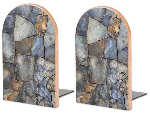 Buchstützen für Regale, Steine und Kieselsteine, bedruckte dekorative Buchstützen, Holz-Buchstützen, für Regale, Schreibtisch, Zuhause, Büro, Buchstopper