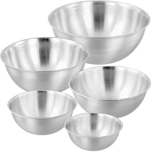 MUNGHOK Juego de 5 cuencos de acero inoxidable, 5 tamaños de cuencos, 800 ml, 1200 ml, 1800 ml, 2200 ml, 4000 ml, cuenco para mezclar, ensaladeras, cuencos para servir salsas, aperitivos, cereales,