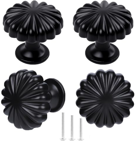 ShipeeKin 4X Matte Black Cupboard Knobs Aluminum Alloy Wardrobe Pulls | Pumpkin Shape Cabinet Knobs 30mm Dresser Knob for Kitchen Closet Door Furniture