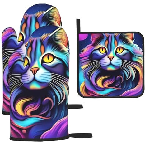 YYHHAOFA Lot de 3 gants de cuisine imperméables et durables pour four et manique pour isolation thermique Motif chat avec imprimé fumée vive