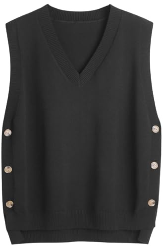SUNSESS Gilet Maglione da Donna Scollo a V Senza Maniche Pullover Jumper Gilet a Maglia Bottoni Laterali Asimmetrici Canotte a Costine, Nero , L
