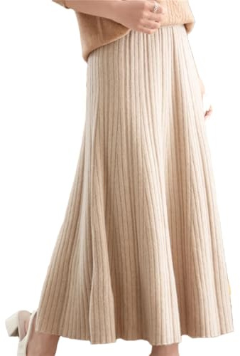 Vsadsau Gonna lunga da donna in lana merino, gonna a pieghe morbida, tinta unita, lunghezza alla caviglia, gonna a coda di pesce, Beige, XL