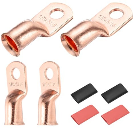 DMiotech 4 Pcs 1/0 AWG - 5/16 Copper Cable Lugs, Battery Cable Ends, Heavy Duty Copper Wire Lugs with 4pcs Heat Shrink Tubing for Electrical Projects