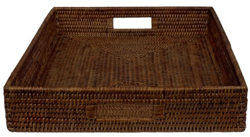 Kvadratisk bricka i rotting, rektangulär – stor serveringsbricka av naturlig rotting med handtag och hög kant – korgbricka, dekorativ bricka (50 x 40 x 8 cm) (mörk mocka)