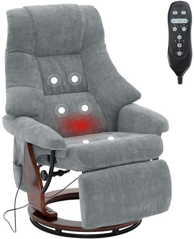 Mingone Fernsehsessel Massagesessel mit Wärmefunktion Grau | Elektrisch Relaxsessel mit Liegefunktion, Holz TV-Sessel für Wohnzimmer, 360°Drehbar, bis 150kg