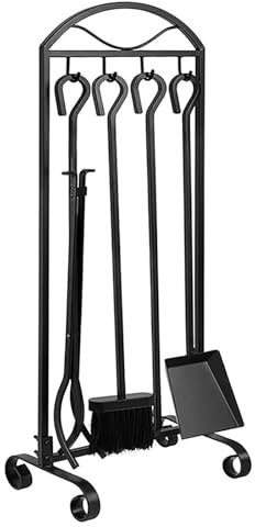 HSIRYAOHD Lot de 5 outils de cheminée en fer forgé pour intérieur et extérieur, support pour poêle à bois avec brosse, tisonnier, spatule et pince
