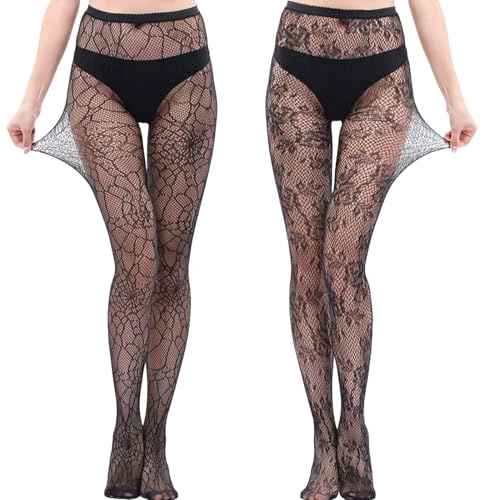 GIEEU 2 st sexiga strumpbyxor för kvinnor - nätstrumpor strumpbyxor för kvinnor och blommig spets spindelvävsdesign, stretchig och andningsbar för fest, vardag, utekväll, svart, S/XL