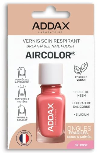 ADDAX AIRCOLOR - Smalto per la cura delle unghie, fragili, danneggiati e molli, rinforzo, purifica, guinzaglio respirare, silicone e olio di neem, rosa, formula vegana, made in France