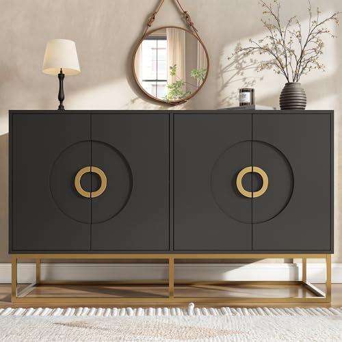 Jaxenor Sideboard Wohnzimmer mit 4 Schranktüren, Sideboard Schlafzimmer, Minimalistisches Wohnzimmerschrank, Esszimmerschrank, Rundzugring Schranktür, Schwarz