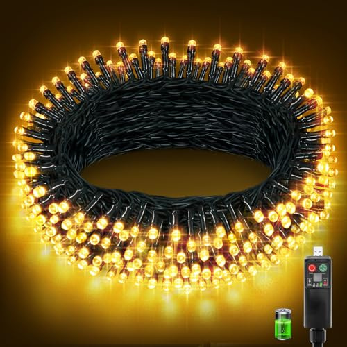 Lichterkette Außen Batterie USB Aufladbare, Weihnachtsbaum Innen Deko Outdoor Akku LED Lichterketten 10M 100LED, Warmweiß 8 Modi Timer Wasserdicht Weihnachtsbeleuchtung für Garten Baum Party Hochzeit
