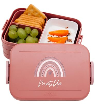 wunderwunsch MEPAL Brotdose Spülmaschinenfest Kinder, Lunchbox mit Einsatz für perfekte Ordnung, Spülmaschine, Mikrowellengeeignet, personalisiert mit niedlichem Motiv (Regenbogen rosa, rosa)