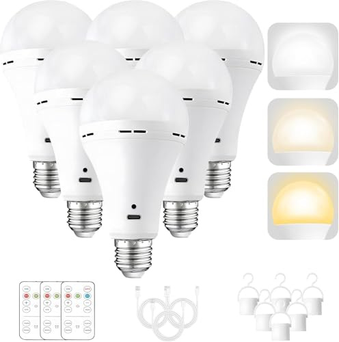 WTL Battery Operated Light Bulbs, A21/A70 E27, 6 Pack | 3 Colors Dimmable ,USB Rechargeable Emergency Light Bulbs,Switch and Remote Control,A70 2000mAh Can Light up for 6 Hours
