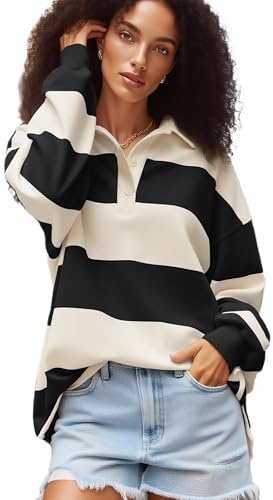 Kodaruber Women Striped Polo Sweatshirt Oversized Long Sleeve Lapel V Neck Pullover Shirt Trendy Rugby Shirts(Black,X-Large)