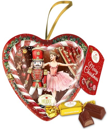 Confiserie Heidel Schmuckherz Weihnachstmärchen – 5 Edel-Vollmilch Pralinen einzeln verpackt - Weihnachtliche Schokolade als kleine Weihnachtsgeschenke - Deko mit Aufhängeschlaufe