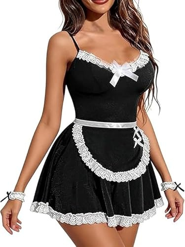 VicSec Disfraz Lencería Sexy Mujer Uniforme Sirvienta Francesa Babydoll Minivestido Tirantes Finos Camisón Encaje Transparente Ropa Cosplay Muñequeras Camisola Juego rol Mujer Navidad Xmas Chrismas
