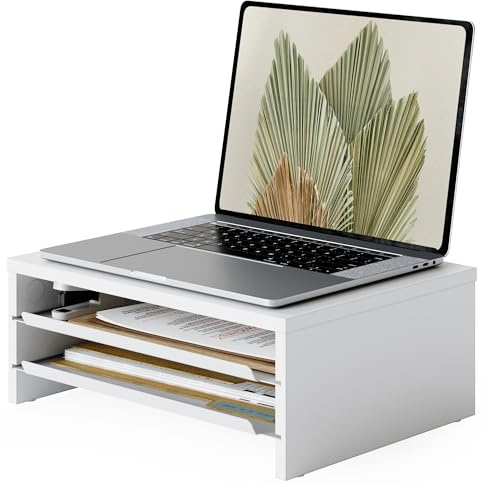 Fenge Supporto Monitor Scrivania, Rialzo per Monitor con 2 Vassoi, Legno e Metallo, Organizer da Scrivania per Casa e Ufficio, Computer, Laptop, Stampante, Telefono, TV, 36,4x23,5x13,4 cm (Bianco)