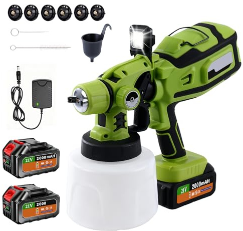 Akku Farbspritzpistole mit 2 Akkus, 3 Sprühmustern, LED-Licht, Einstellbare Durchflusskontrolle, 1400ml Farbbehälter, Elektrisches Farbsprühsystem für Wände, Möbel, Zäune, Türen