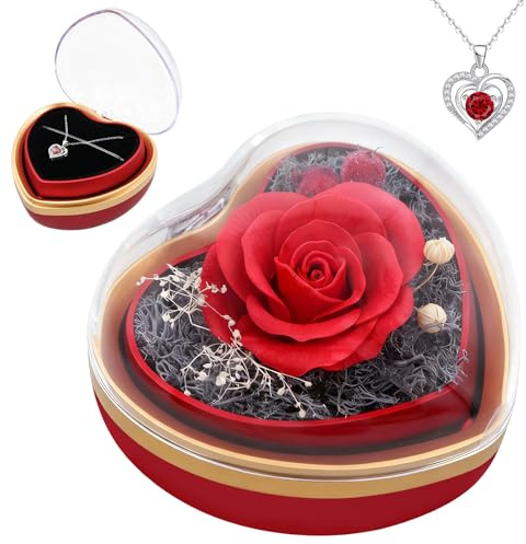 Eternal Real Rose Dainty Love Pendant , Preserved Red Rose Gift Box with Heart Necklace, Gifts for Women, Mom, Wife, Gifts Idea on Valentine's Day, Mother's Day, Birthday, Anniversary, Thanksgiving