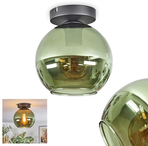 HOFSTEIN Deckenleuchte Koyoto, 1-flammige Deckenlampe aus Metall/Glas in Schwarz/Grün, moderne Leuchte im Retro/Vintage-Design (Schirm Ø 20 cm), E27, Esszimmer, Küche, Wohnzimmer