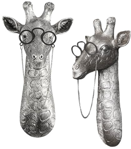 Wapasezyar Giraffen Wanddekoration mit Brille, Antiksilber, 32cm | Kunstharz Skulptur, Antik Silber/Gold, Art Deco Wandskulptur, Für Wohnzimmer, Flur, Büro, Geschenk für Tierliebhaber