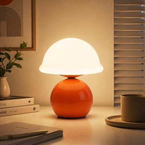 Zjyufy Ceramic Mushroom Table Lamp with Dimmer, Orange Bedside Light | Cute Mini Modern Mid-century Night Light, Compact Size for Bedside Tables and Desks, Warm Ambient Lighting for Home Décor