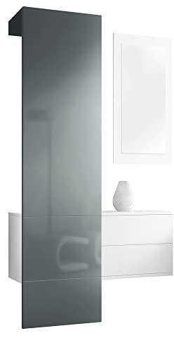 Vladon Mueble recibidor Carlton Set 2, Mueble de Entrada Compuesto por 1 Perchero, 1 Armario de cajones y 1 Espejo de Pared, Blanco Mate/Gris de Alto Brillo (105 x 193 x 35 cm)