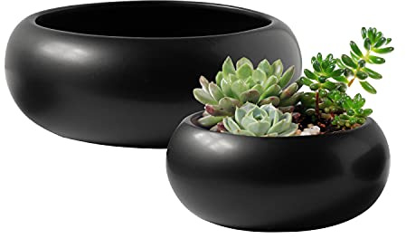 Royal Imports Flower Ceramic Vase, Bowl Terrarium Succulent Planter, Air Plant Display, Decorative Centerpiece Floral Container for Home or Wedding Set of 2, Black