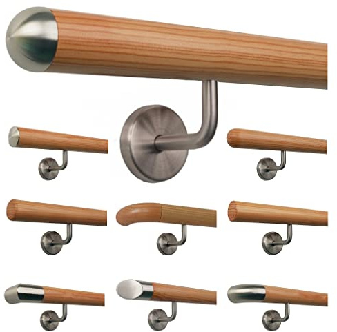 Lärche Holz Treppe Handlauf Geländer Griff gewinkelte Edelstahlhalter, Länge 30-500 cm aus einem Stück/Variante:320 cm mit 4 Halter - Enden:Halbrunde Edelstahlkappe