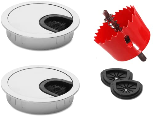 Bruce.® 2X Kabeldurchführung Ø60mm Metall inkl. Lochsäge für Schreibtisch & Möbel – Endlich Ordnung im Büro und Zuhause – mit Bürsten- & Gummieinsatz – Silber