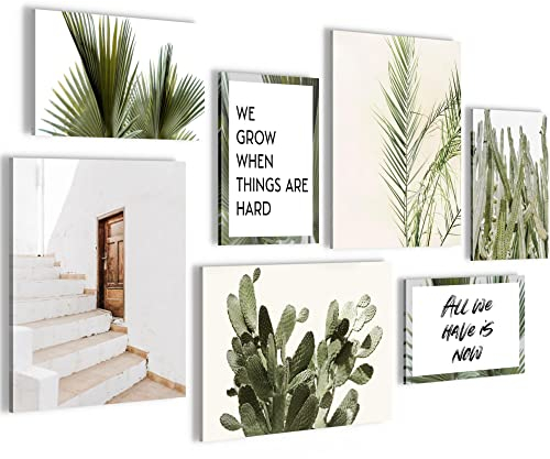 Novart Wandbilder Palmen - KOMPLETT AUFHÄNGFERTIG - Grüne Blätter Wohnzimmer Schlafzimmer - 7 Moderne Mood-Bilder - N014871a