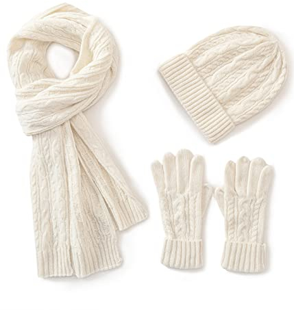 Villand 3 in 1 Damen Wolle Mütze, Schal & Handschuh Winter Sets, 3-teilige Zopfstrickmütze für Damen mit Geschenkbox (Weiß)