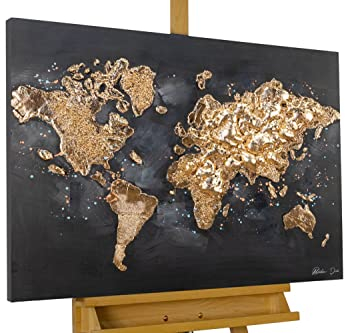 KunstLoft Canvastavla | 100% HANDMÅLAD | 100x75cm | Målning 'World Journey' | Världskarta | Svart | Akrylmålning | Modern konst