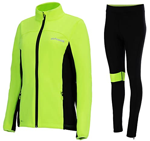 Airtracks Damen Thermo Winter Fahrradtrikot Set Pro Line - Thermo Fahrradjacke Pro Line + Thermo Fahrradhose Lang - Warm Winddicht - schwarz-neon - XL