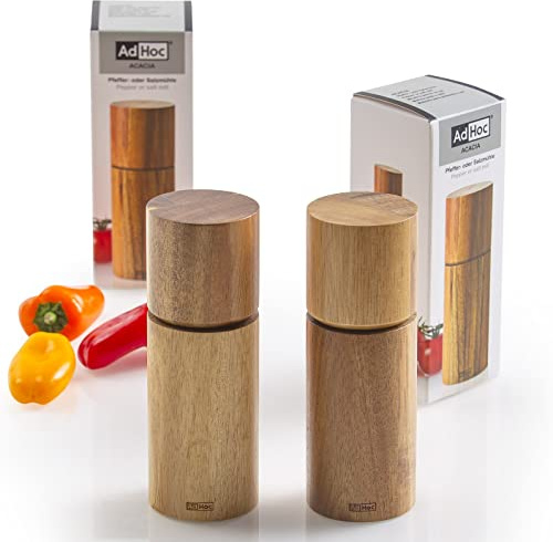 AdHoc Gewürzmühlen Geschenk-Set – Manuelle Salz- & Pfeffermühlen Acacia klein | Hochwertiges Keramikmahlwerk CeraCut® | Stufenlos einstellbar | Mühlenset aus Holz | Höhe: 14 cm