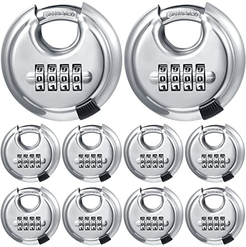Maitys 10 Pack 4 Digit Combination Locks Stainless Steel Code Disc Lock Combo Padlock with Hardened Steel Shackle for Sheds Locker Storage Unit Gym Fence Gate Outdoor Indoor, Round (Silver)